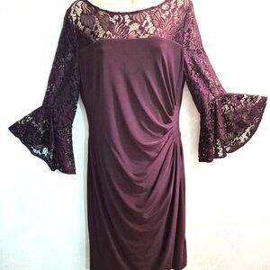 Ralph Lauren Dress Women's Size 12 Purple Maroon Sheath Lace Bell Sleeves NEW